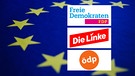 Europafahne mit Logos der Parteien FDP, die Linke, ÖDP | Bild: BR/Julia Müller, FDP, Die Linke, ödp; Montage: BR