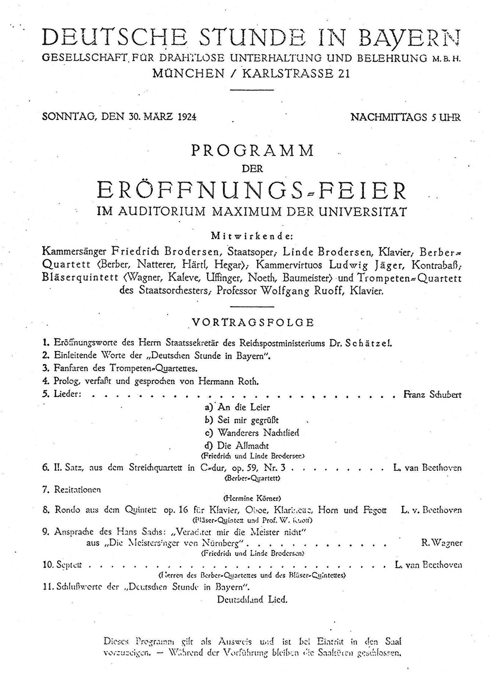 Programm der Eröffnungsfeier der Deutschen Stunde in Bayern | Bild: BR / Historisches Archiv